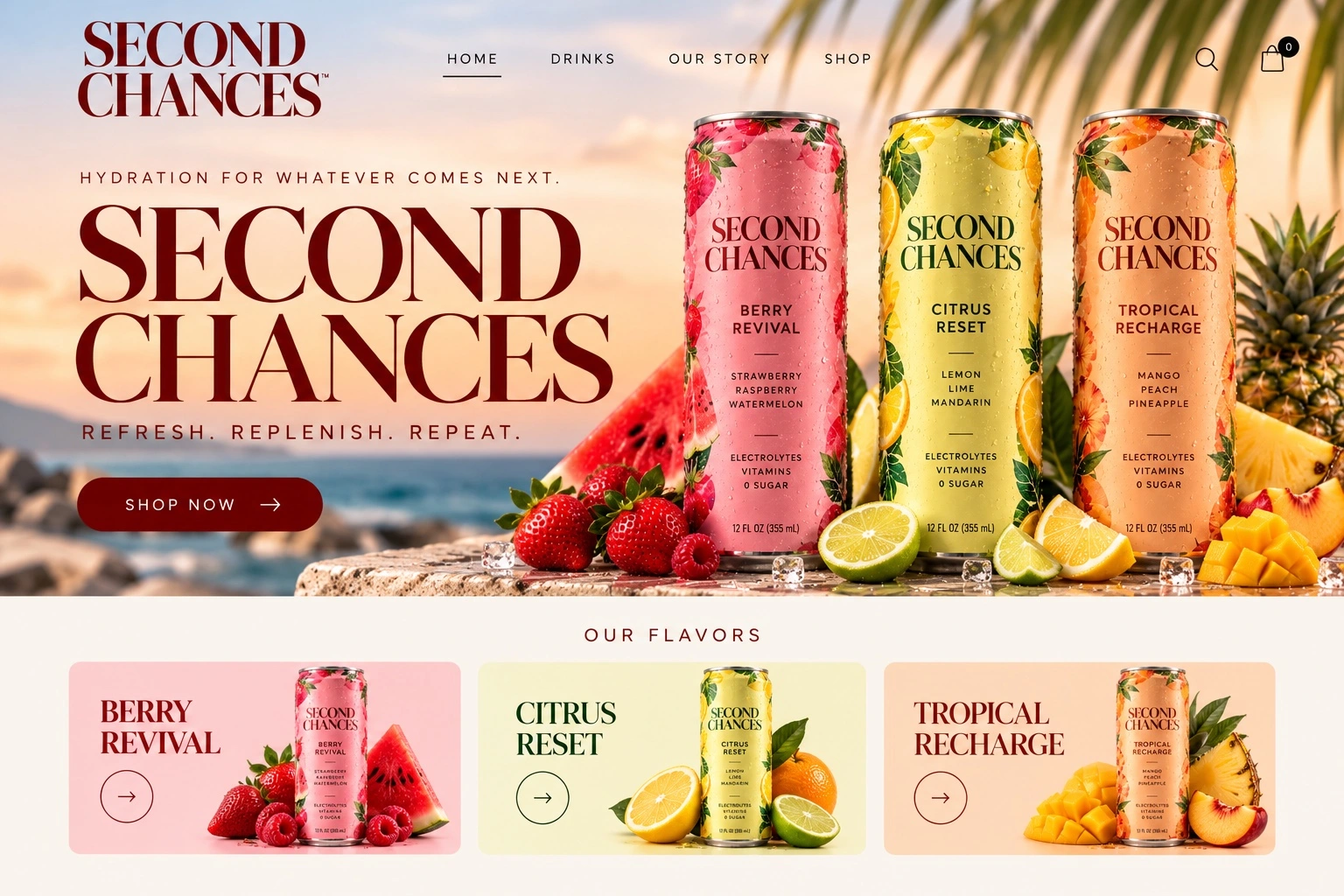 Second Chances homepage: three official sleek cans, tropical beach scene and three flavor cards